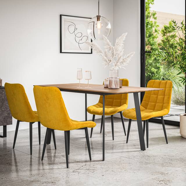 (Mustard) Haydon Extending Oak Effect Dining Table Set w 4-6 Nova Velvet Chairs