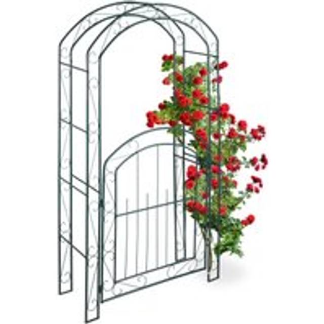 Rose Arch with Gate, Garden Growth Support, Metal Trellis, Weatherproof, hwd 215 x 115 x 43 cm, Green - Relaxdays