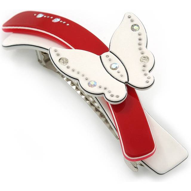 WhiteRed Acrylic Crystal Butterfly Barrette Hair Clip Grip  95mm Across