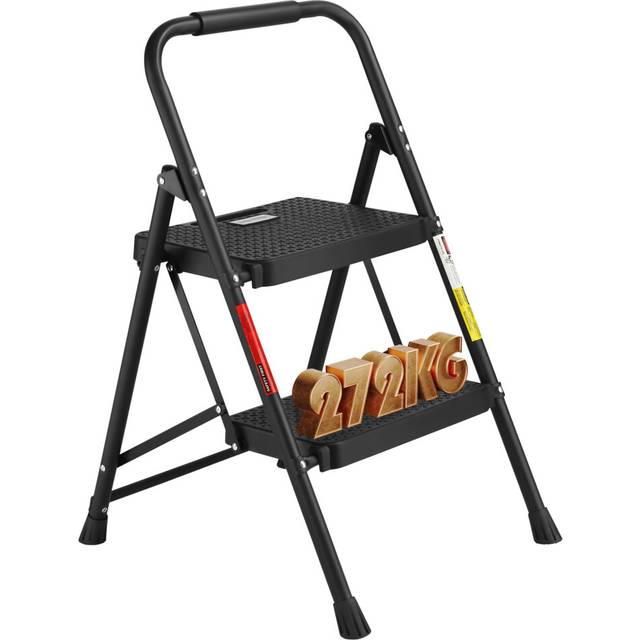 BONTEC 2 Step Ladder, Capacity 272KG with Wide Anti-Slip Pedals, Folding Steel Step Stool, Sponge Handlebar, Lightweight Portable Ladder Suitable for