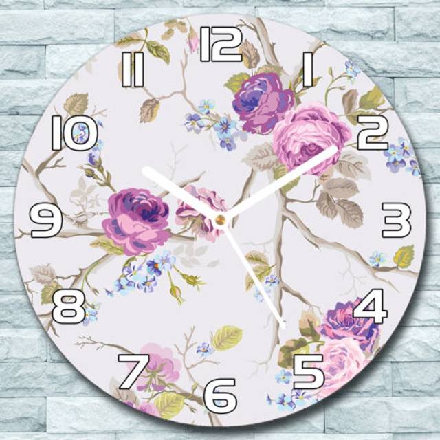 Glass wall clock round fi 30 violet roses flowers texture green & pink home