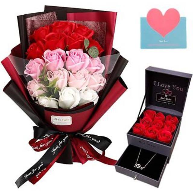 EIGHTOWN Roses Bouquet Artificial Flower - Preserved Red Rose Flowers with Love Necklace for Her - Unique Gifts Valentine's Day Mother's Day Thanksg