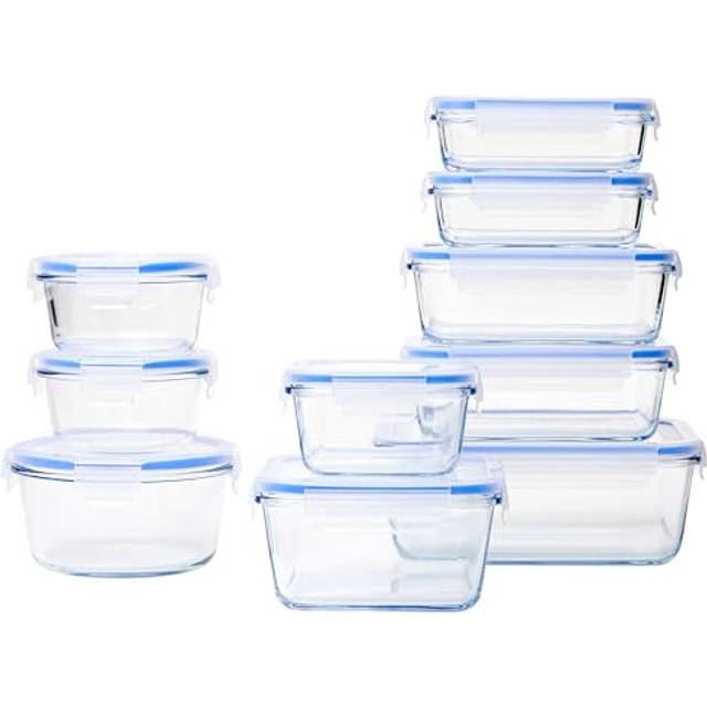 Amazon Basics Glass Locking Food Storage Containers 20 Piece Set (10 Containers + 10 Lids), BPA-free plastic lids lock, Transparent, Blue