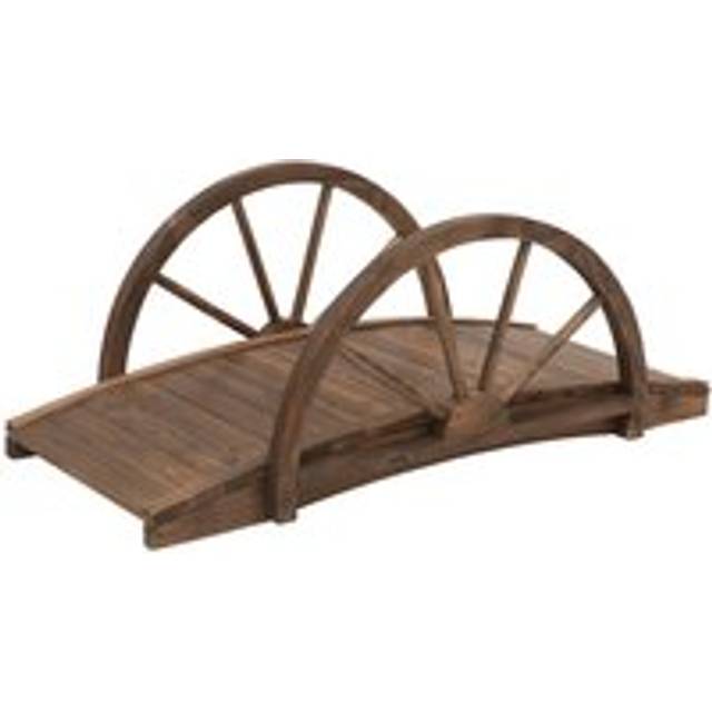 Wooden Garden Bridge Lawn Décor Stained Finish Arc Outdoor Pond WalkwayYard Decoration Half Wheeled Railings 100L x 50W x 37H cm