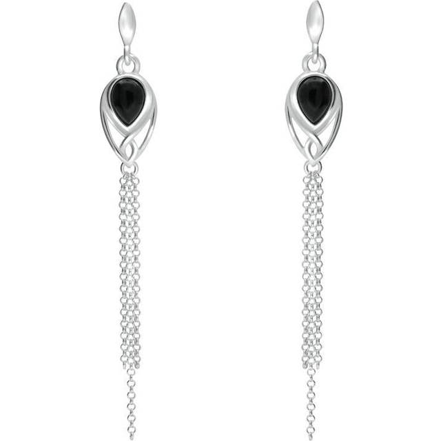 Sterling Silver Whitby Jet Celtic Pear Chain Drop Earrings