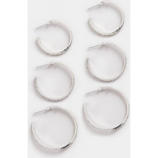 3 Pack Silver Tone Diamante Hoop Earrings Set - One Size