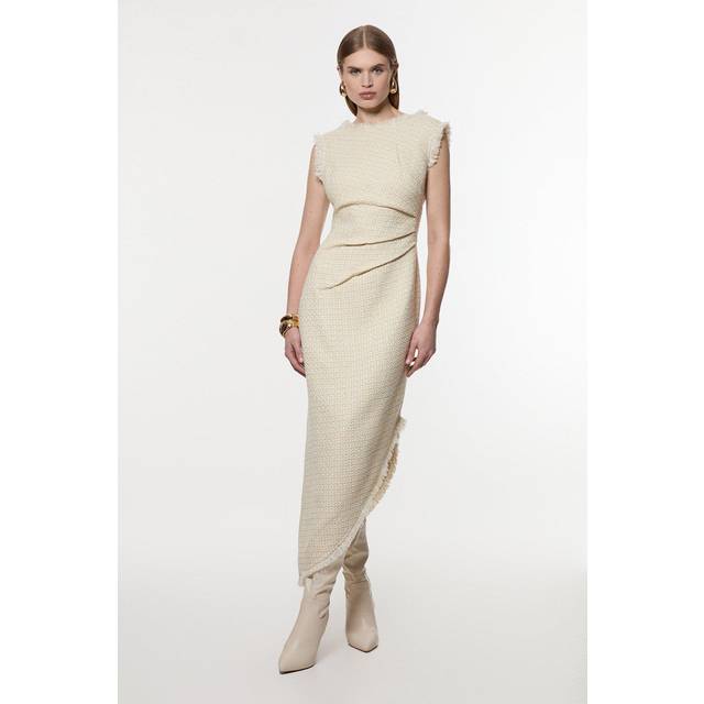 Metallic Boucle Tailored Ruched Midi Dress - Ivory