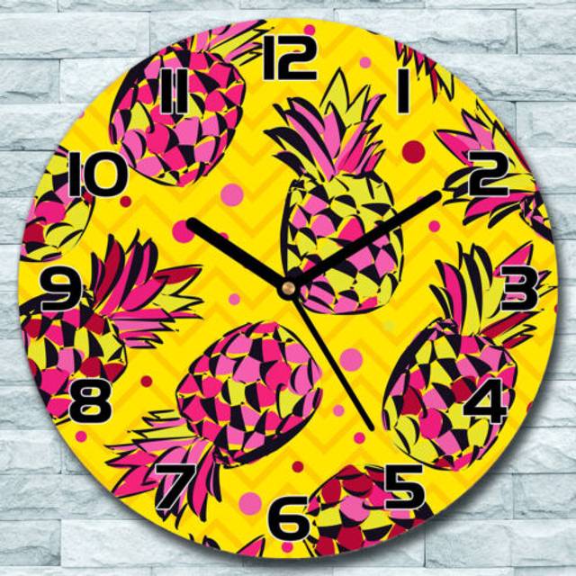 Glass wall clock pink pineapple fruit on yellow painting round home fi 30