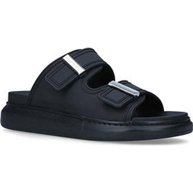 Runway Buckle Slides - BLACK - A sophisticated take on the now-essential slider, the Runway style from Alexander McQueen is designed to a two-strap construction. Finished with silver tone buckles engraved with branding, slip these on with your jeans, dresses and skirts for an instant style upgrade.