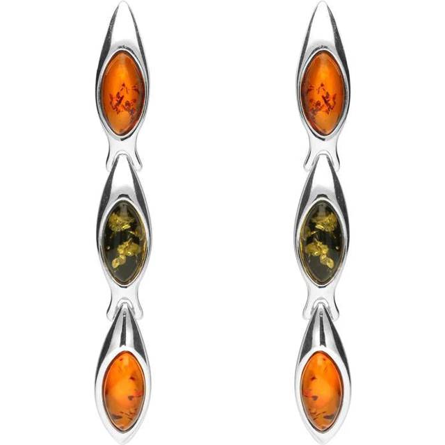 Sterling Silver Baltic Amber Three Stone Marquise Drop Earrings - Silver