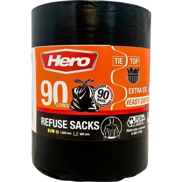 Hero Extra Strong Bin Bags Refuse Sacks with Tie Top Black 90L 90 Pack