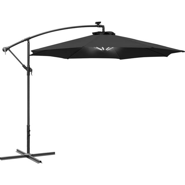 Outsunny Black Solar LED Crank Handle Cantilever Banana Parasol with Cross Base 3m