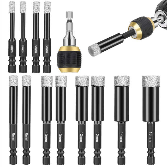 Diamond Drill Bits Set, 12Pcs Dry Hole Saw with Quick Change Bit Holder,for Porcelain Tile Glass Ceramic