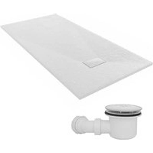 1800 x 900mm smc White Rectangle Slate Effect Bathroom Shower Tray & Fluidmaster Fast Flow Waste Trap - NRG