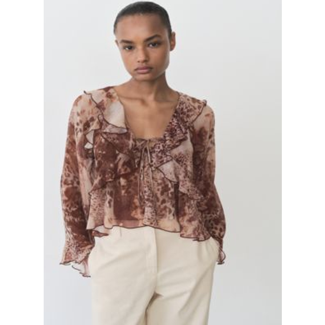 Mango Butcher Ruffle Animal Print Blouse, Brown