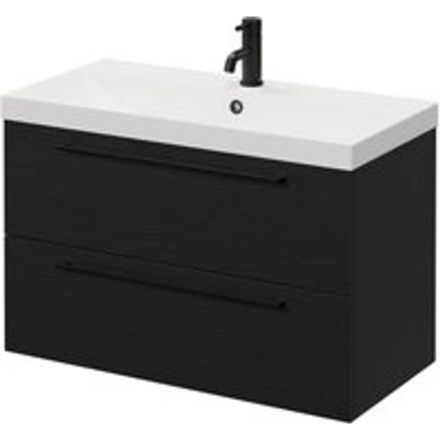 Napoli Wall Mounted Vanity Unit with 1 Tap Hole Slim Edge Basin and 2 Drawers with Matt Black Handles | Nero Oak | MFC | 800mm