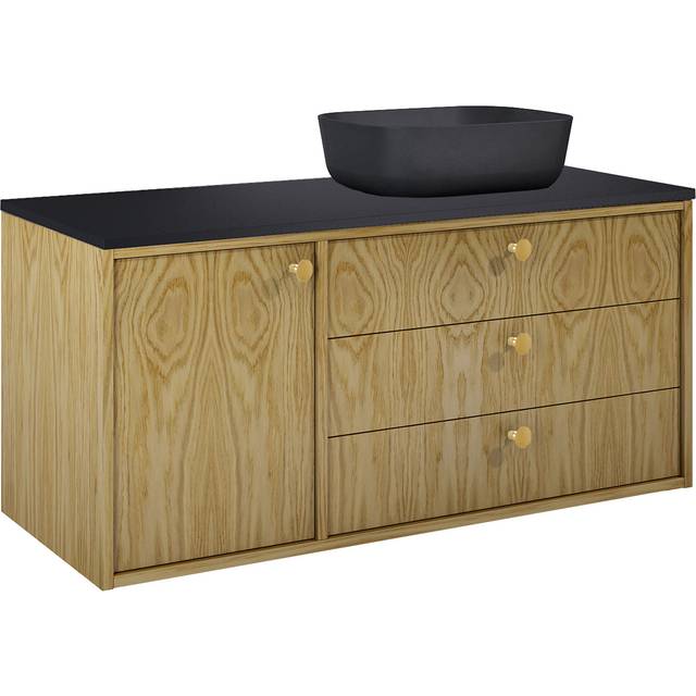 Tvättställsskåp Vinyl Ek Trä Höger 120 cm med Bänkskiva Svart & Handtagen Guld