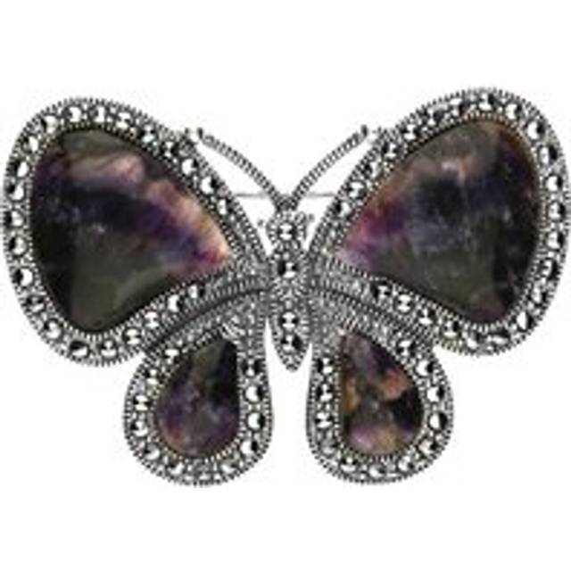 Sterling Silver Blue John Marcasite Style & Fashion Butterfly Brooch - Silver