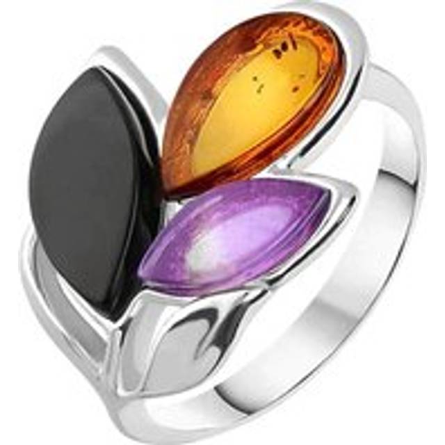 Sterling Silver Whitby Jet Amethyst Amber Three Stone Leaf Ring