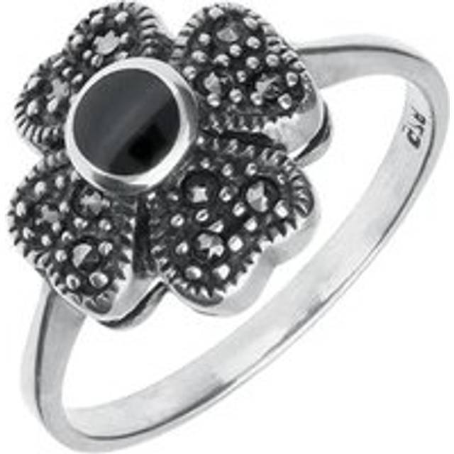 Sterling Silver Whitby Jet Marcasite Small Flower Ring - Silver