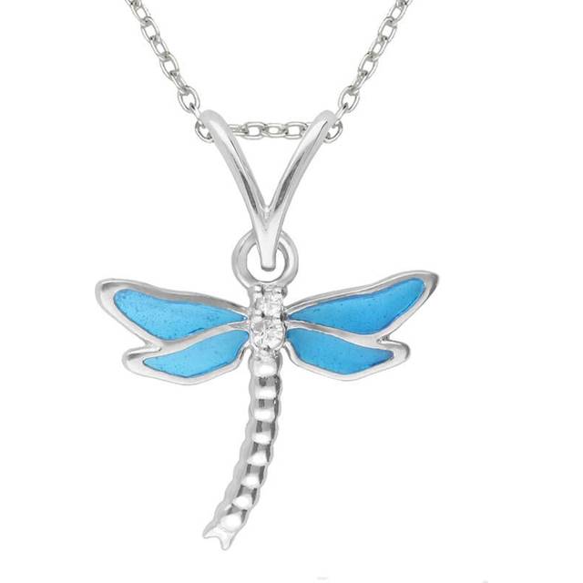 Sterling Silver White Sapphire Blue Enamel Style & Fashion Dragonfly Necklace
