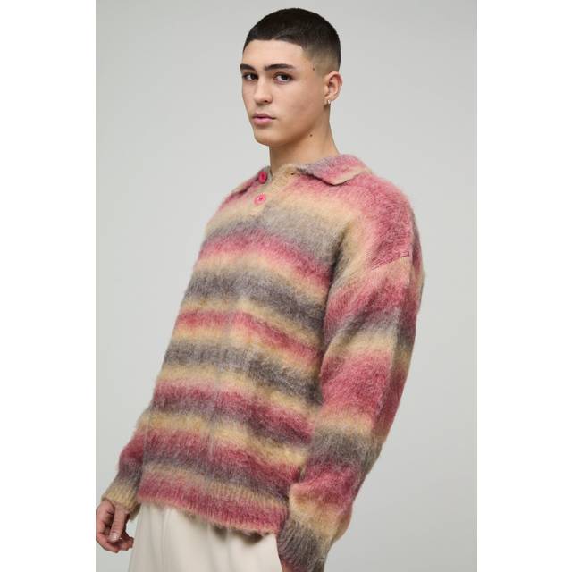 Oversized Brushed Stripe Knitted Rugby Polo - Red - L