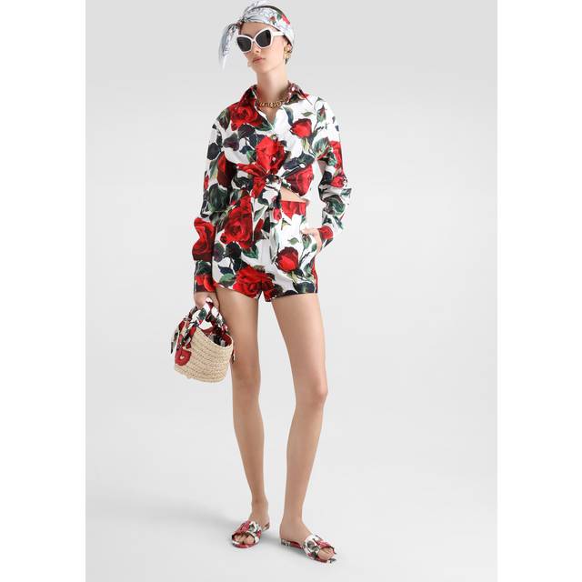 Dolce & Gabbana, Shirts, female, Multicolor, XS, Rose Print Cropped Shirt White