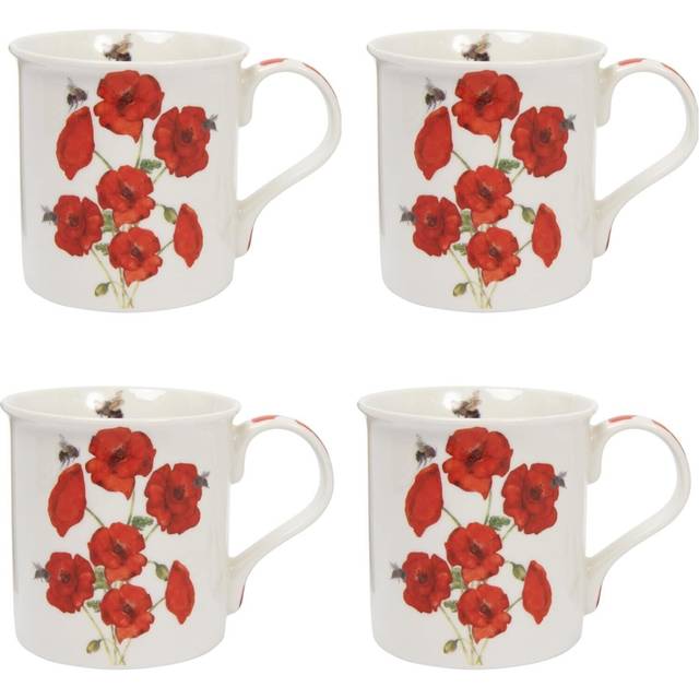 4 poppy mugs fine china 330ml capacity tea cofee red flower floral