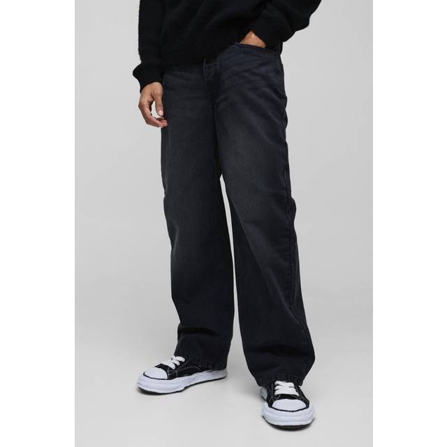 Mens Black Relaxed Rigid Acid Wash Applique Denim Jeans