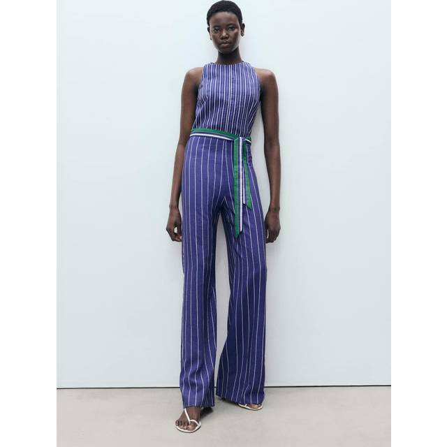 Striped jumpsuit with belt blue - Woman - S - MANGO - Blue