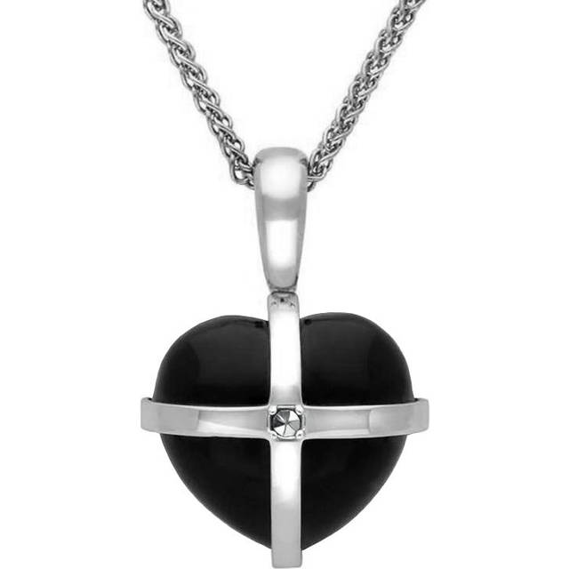 Sterling Silver Whitby Jet Marcasite Small Cross Heart Necklace - Silver