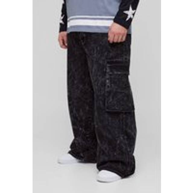 Mens Washed Black Plus Acid Wash Contrast Stitch Cargo Jeans