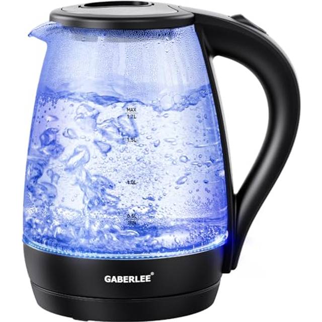 GABERLEE Electric Kettle, 1.7L, 2200W, Fast Boil Quiet Glass Kettle with Blue LED, Auto Shut-Off and Boil-Dry Protection, BPA-Free, Black
