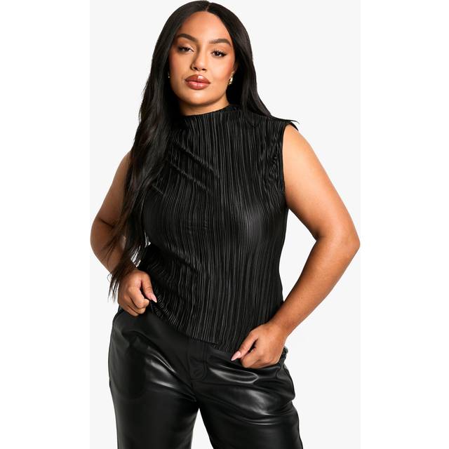 Womens Plus Sleeveless Plisse High Neck Vest Top - Black - 18, Black