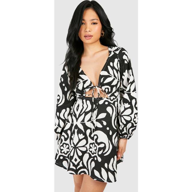 Womens Petite Mono Printed Linen Look Mini Dress - Black & White - 16, Black & White