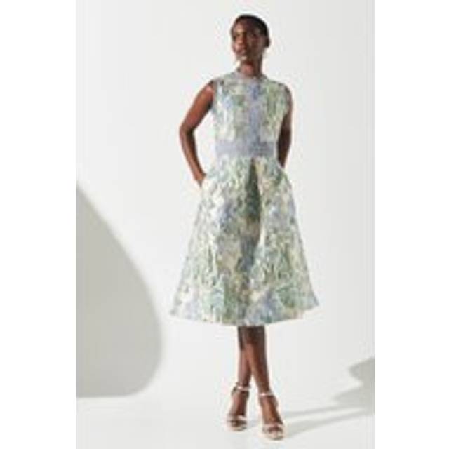 Coast womens skater dress multi sleeveless round neck lace trim midi length