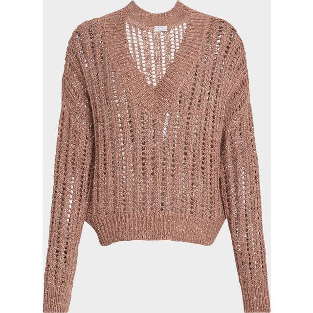 Paillette Open Work Ribbed V-Neck Sweater - BROWNIE ROSE - Medium