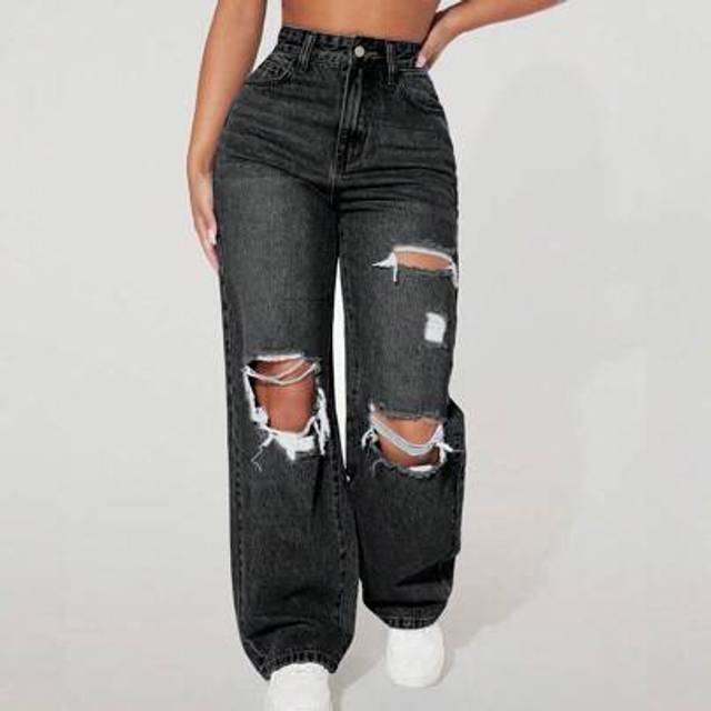 Kvinnors fickor med rippade raka lösa Casual jeansbyxor - Svart (Petite XXS,Petite XS,Petite S,Petite M)