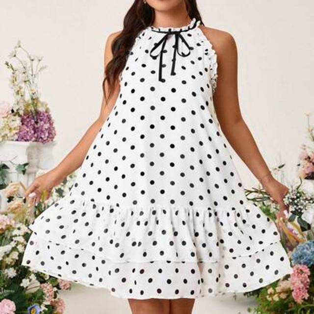 SHEIN Plus Size V-Neck Floral Lace Ribbon Bowknot Shoulder Strap Ruffle Polka Dot Loose A-Line Hem Sleeveless Dress, Elegant For Valentine&#39;s Day