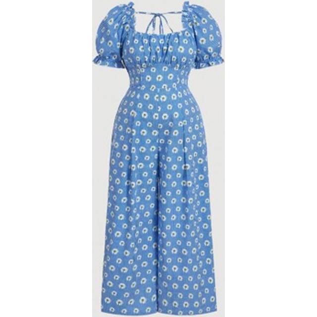 Plus Size Vintage blommigt tryck puffärm Ruffle Trim Rak Jumpsuit - Blå (0XL,1XL,2XL,3XL,4XL,5XL)