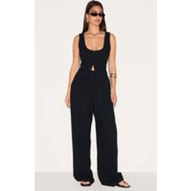 Black Linen Look Tailored Draw String Wide Leg Trouser, Black - 16