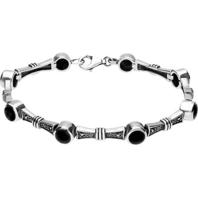 Sterling Silver Whitby Jet Marcasite Eight Stone Round Link Bracelet - Silver