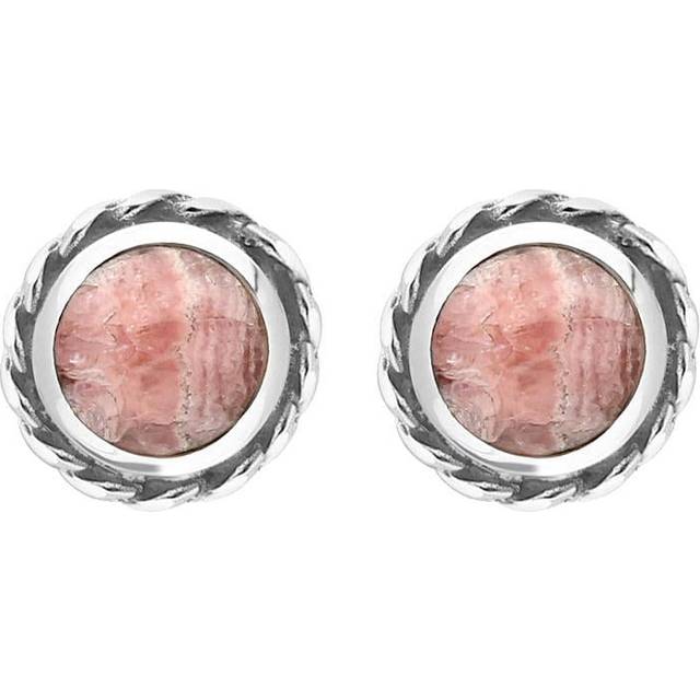 Sterling Silver Rhodochrosite Round Twist Edge Stud Earrings