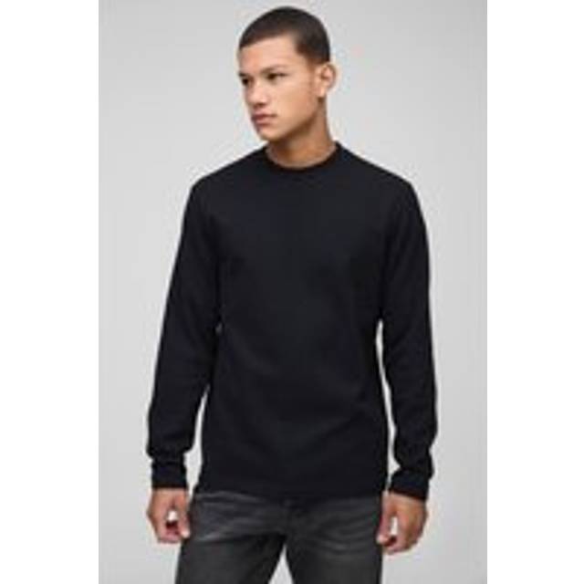 Mens Black Regular Fit Man Embroidered Long Sleeve Waffle T-Shirt