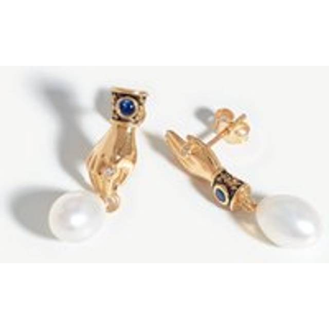 Harris Reed Fine Handpicked Drop Earrings | 14ct Solid Gold/Pearl & Blue Sapphire