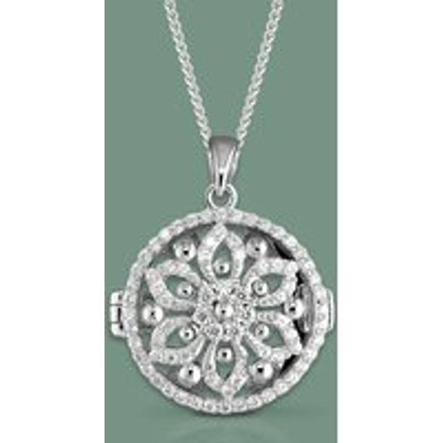 John Greed Signature Silver CZ Round Bead Flower Locket Necklace For Women - silver