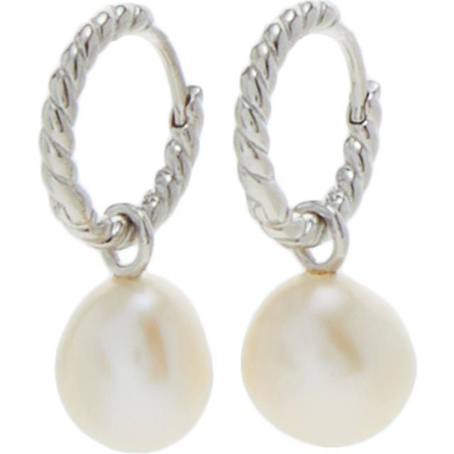 Pearl Twisted Small Drop Hoop Earrings | Sterling Silver/Pearl