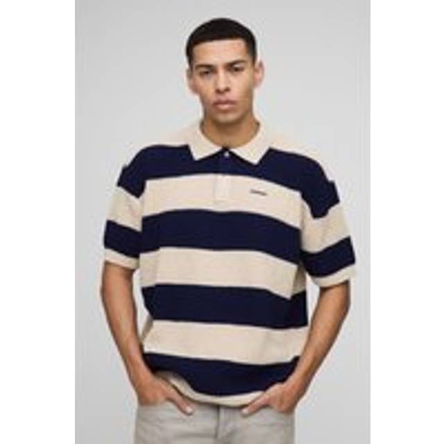 Oversized Embroidered Striped Short Sleeve Knitted Polo - Navy - L
