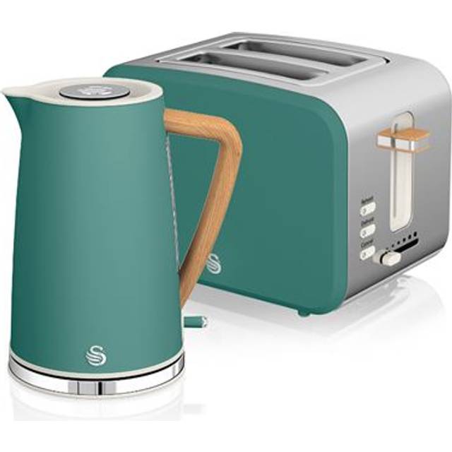 Swan Nordic Set frukostkokare, trådlös, 1,7 l, 2200 W, brödrost bred slits, 2 skivor, 3 funktioner, modern design, träutseende, grön