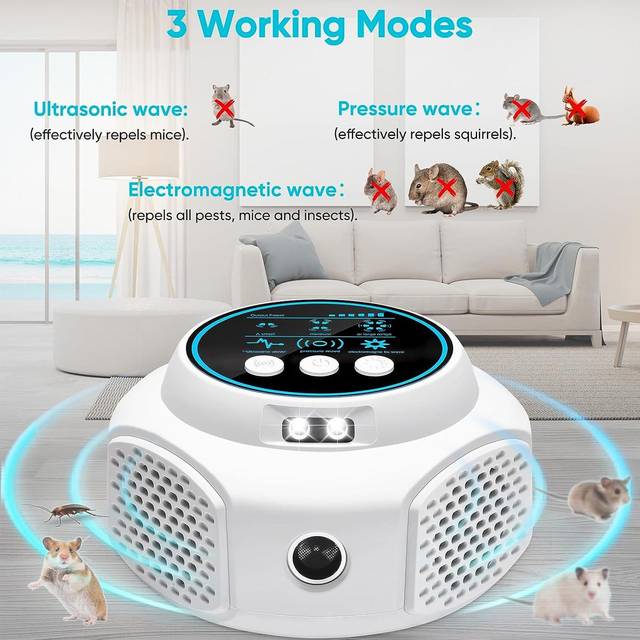 Ultra-Sonic Mice Repellent 360 degrees  Rat Deterrent Device with 4 Modes 25-50kHz Versatile Indoor Pest UK white